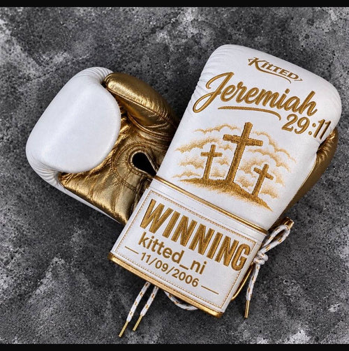 Custom white and gold boxing gloves with Jeremiah 29:11 embroidery