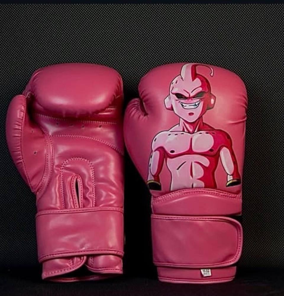 Custom pink boxing gloves with anime character design